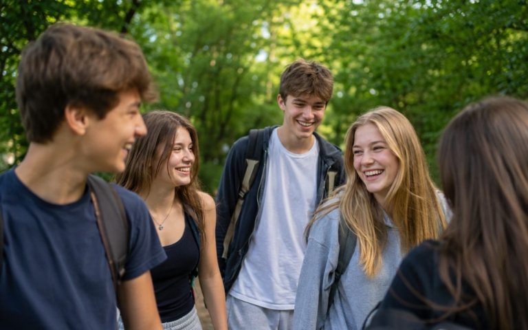 Roześmiana grupa nastolatków spaceruje wśród zieleni, rozmawiając i ciesząc się wspólnie spędzonym czasem.