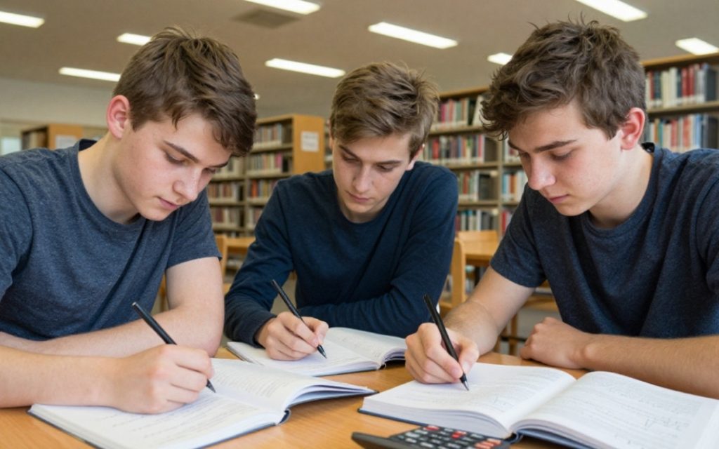 Troje nastolatków uczy się matematyki przy stole w bibliotece publicznej, otoczeni podręcznikami i notatkami.