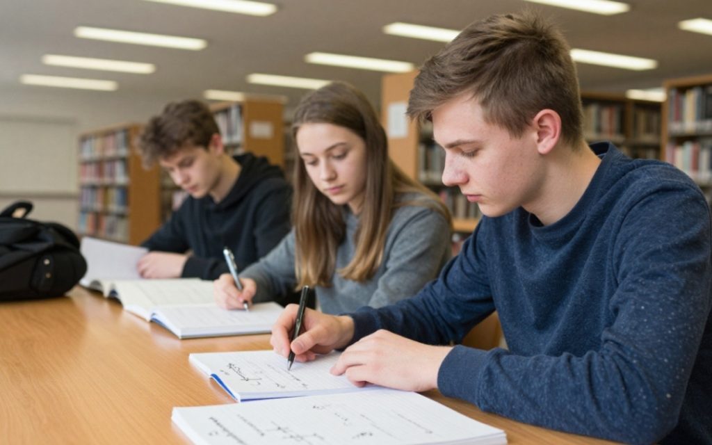 Troje nastolatków uczy się w bibliotece publicznej