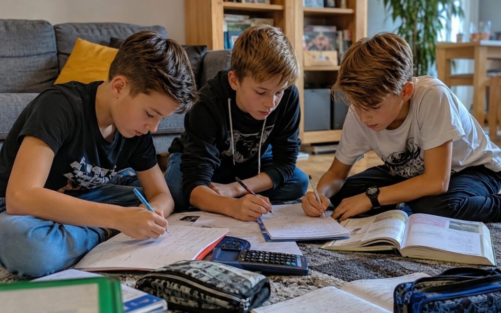 Trzech chłopców siedzi na dywanie w salonie i wspólnie odrabia zadania z matematyki.
