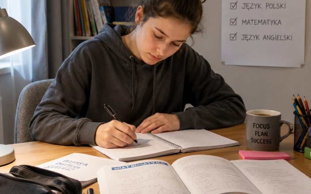 Uczennica przygotowuje się do egzaminu ósmoklasisty przy biurku z repetytoriami, notatkami i planem nauki.
