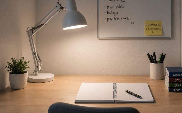 Uporządkowane biurko do nauki oświetlone lampką, z otwartym zeszytem i długopisem.
