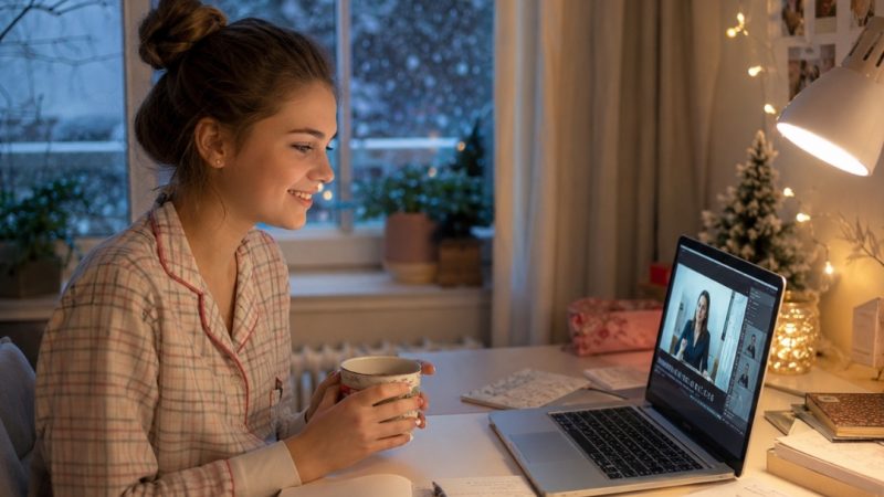 Uśmiechnięta nastolatka w piżamie siedzi wieczorem przy biurku, trzyma herbatę i uczestniczy w lekcji online.
