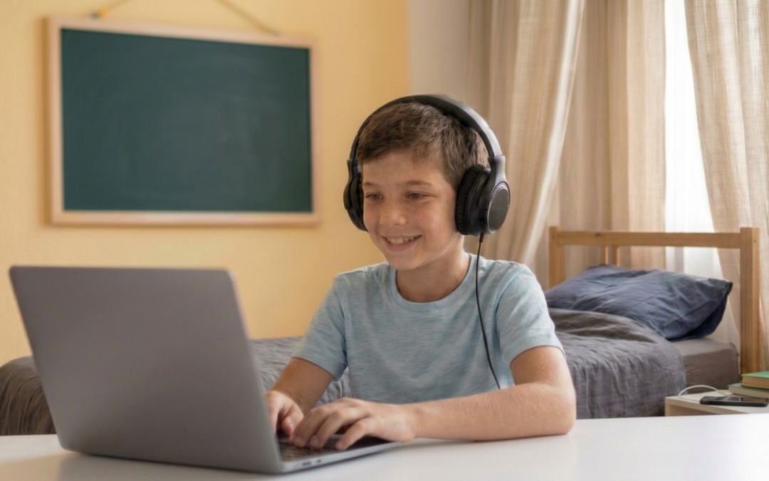 Uśmiechnięty chłopiec w słuchawkach uczy się przy laptopie w swoim pokoju.