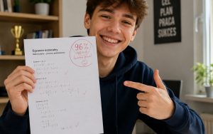 Uśmiechnięty nastolatek pokazuje zdany egzamin z matematyki z wysokim wynikiem zaznaczonym na czerwono.