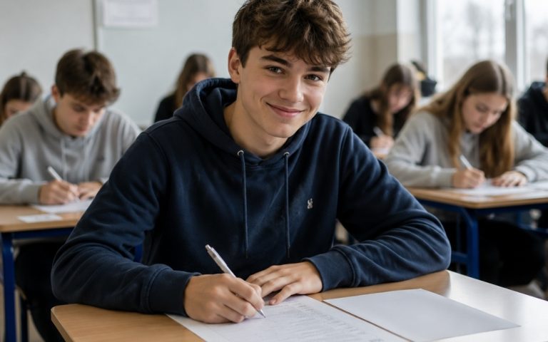 Uśmiechnięty nastolatek w granatowej bluzie pisze na kartce w klasie, w tle rówieśnicy.