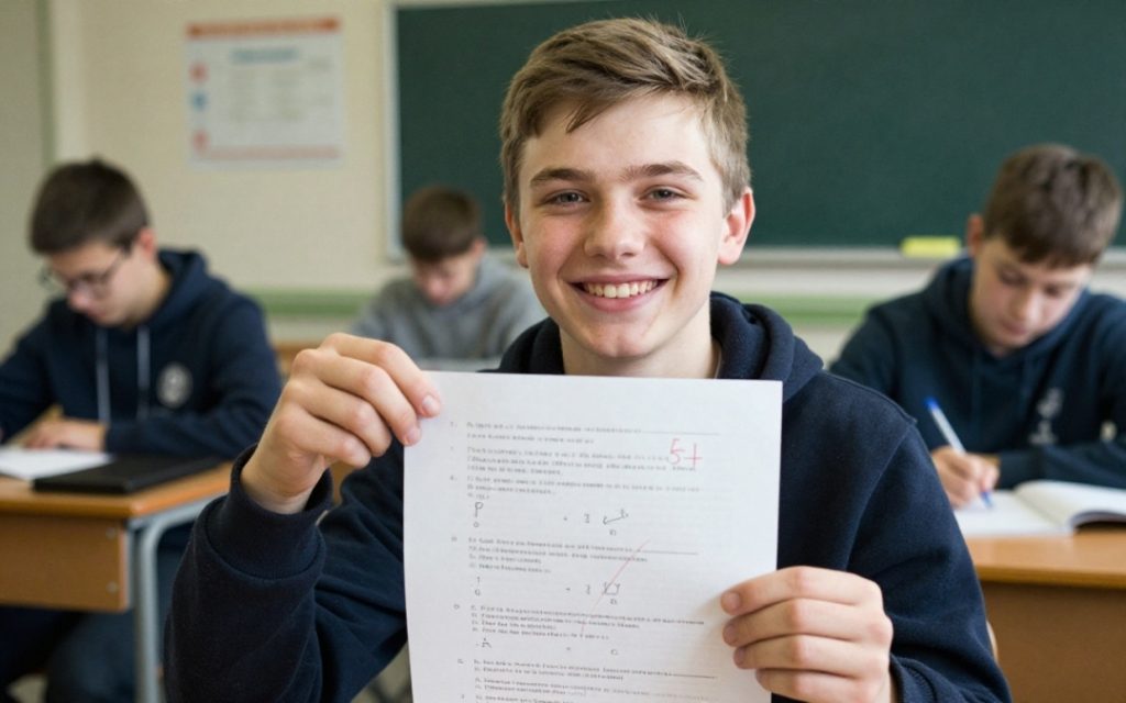 Uśmiechnięty nastolatek w klasie pokazuje kartkówkę z matematyki z wysoką oceną.