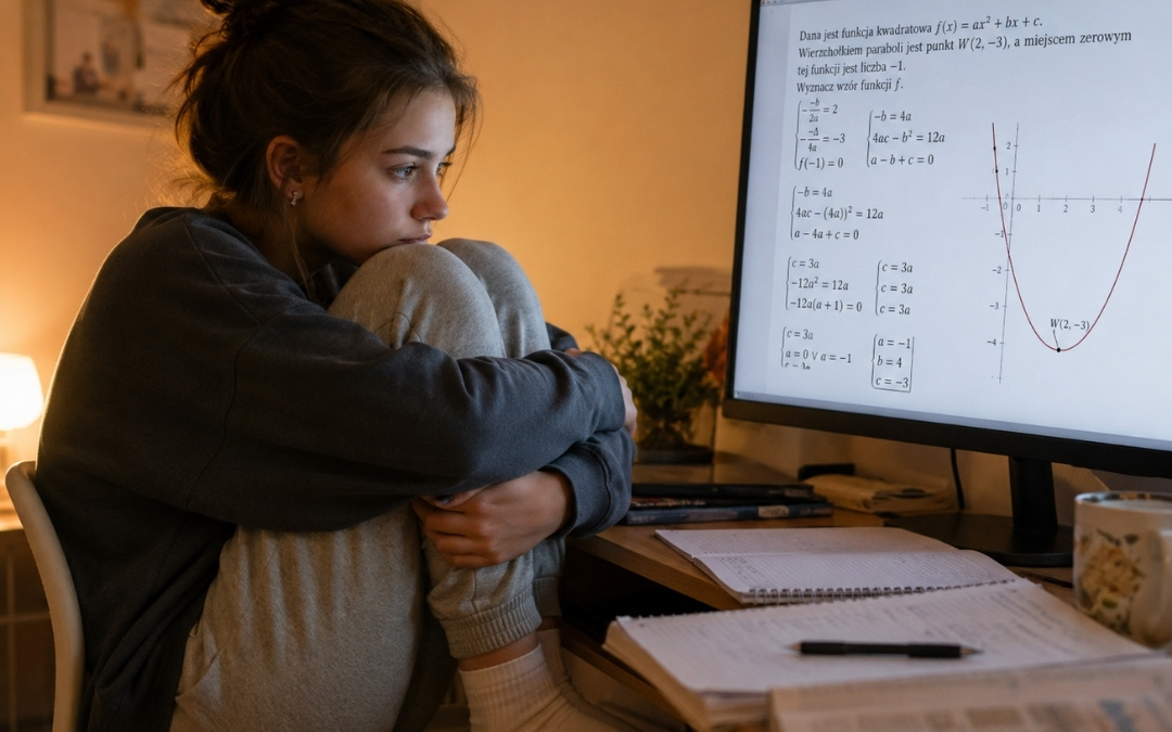 Zamyślona nastolatka siedzi podkulona na krześle i patrzy w monitor z rozwiązaniem zadania o funkcji kwadratowej.
