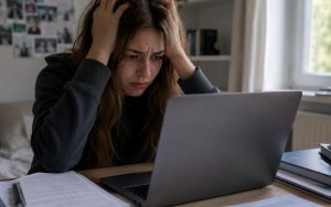 Zestresowana nastolatka łapie się za głowę, patrząc z frustracją w laptopa przy biurku z rozłożonymi notatkami.