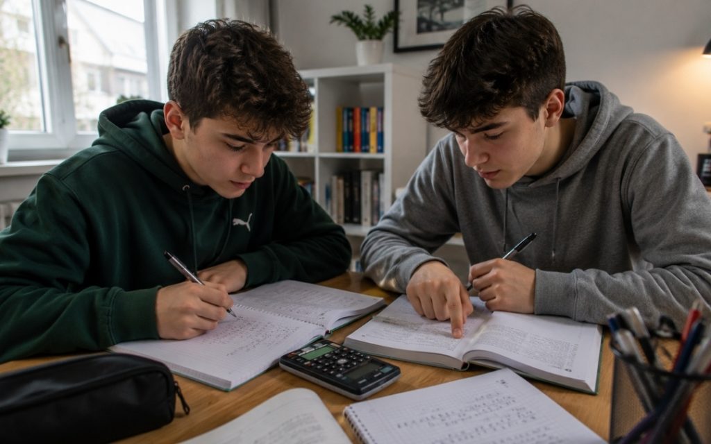 Dwóch nastolatków uczy się nawzajem matematyki.