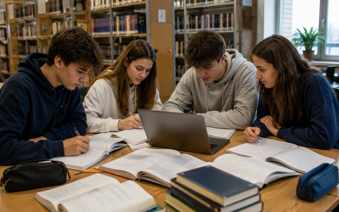 Grupa nastolatków uczy się razem w bibliotece.