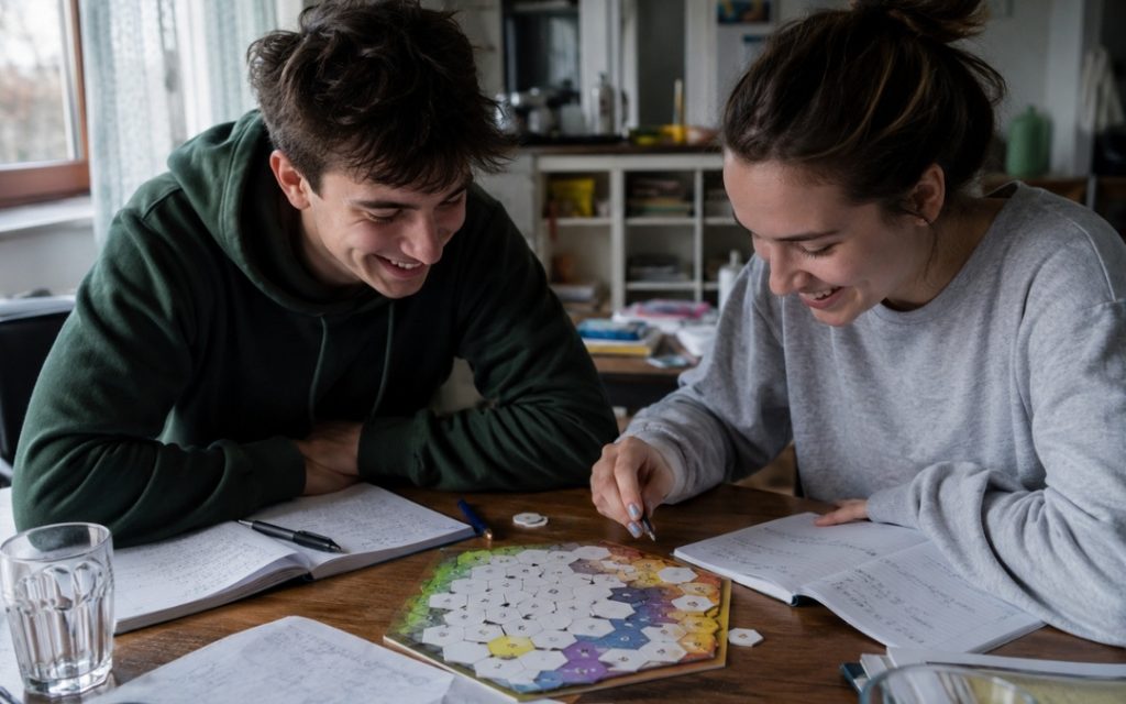 Grupa nastolatków wspólnie uczy się przy stole i gra w edukacyjną grę związaną z matematyką.
