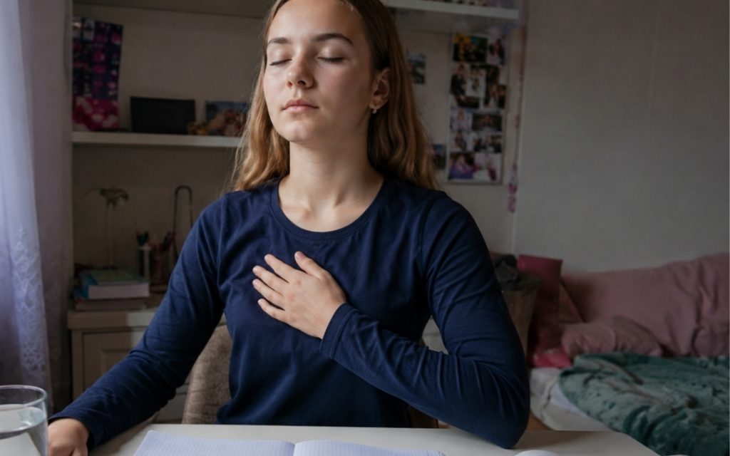Licealistka wykonuje ćwiczenie oddechowe przy biurku, trzymając dłoń na klatce piersiowej obok zeszytu i podręcznika.