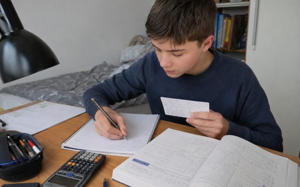 Nastolatek podczas nauki matematyki przegląda wzory i notatki przygotowujące do egzaminu ósmoklasisty.