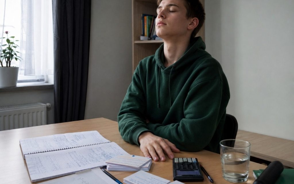 Nastolatek robi krótką przerwę w nauce przy biurku pełnym notatek i materiałów do matematyki.
