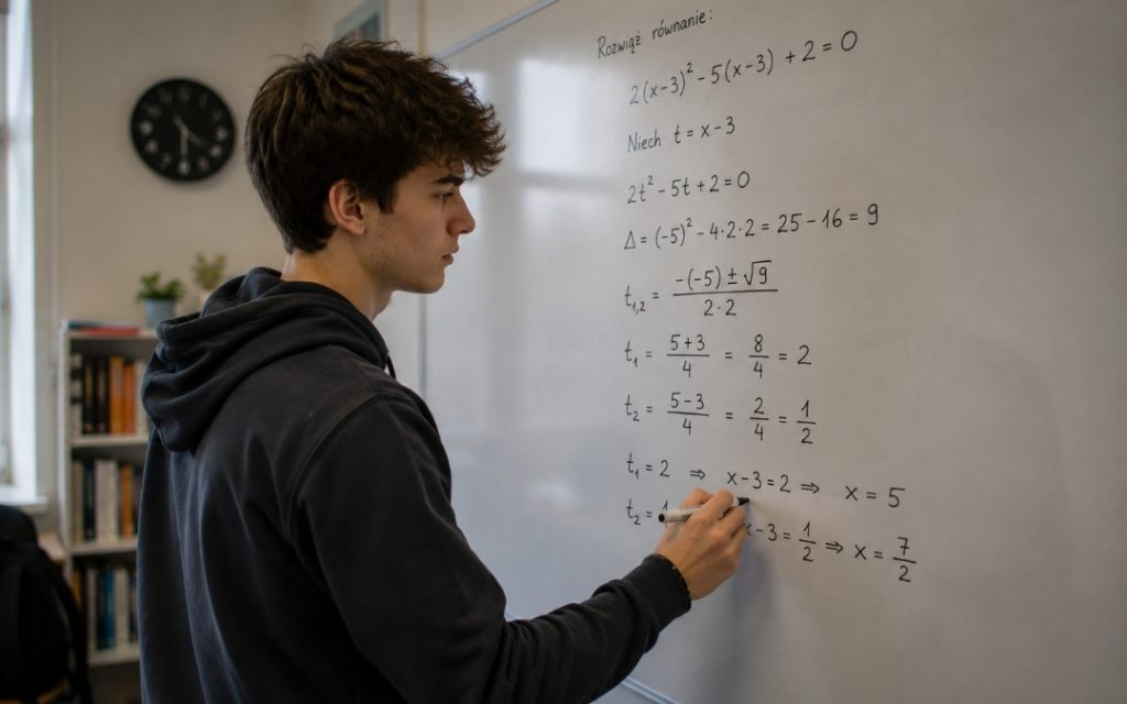 Nastolatek rozwiązuje zadanie matematyczne na tablicy.
