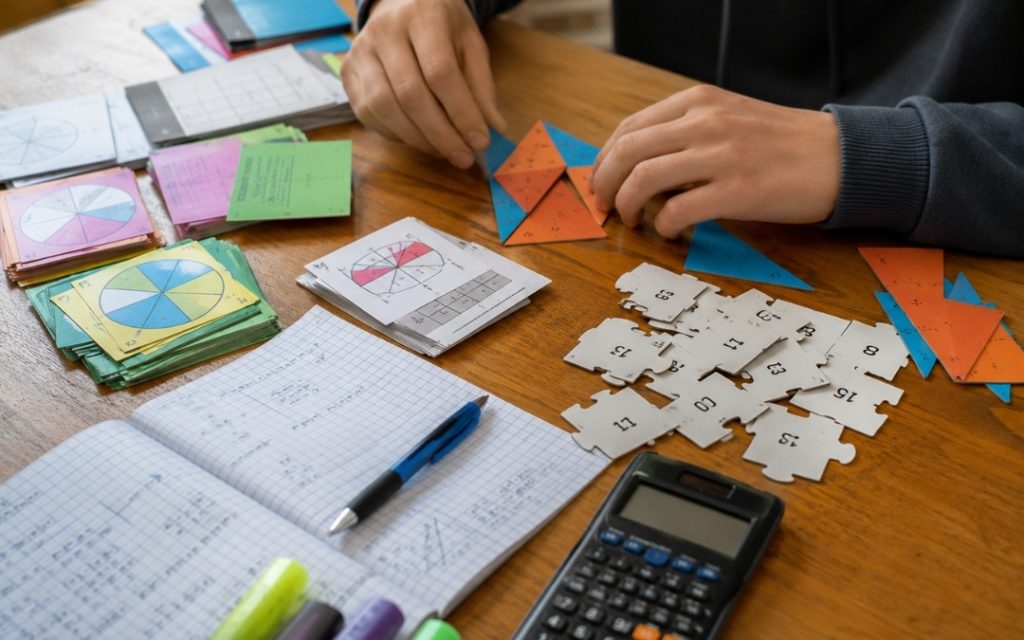 Nastolatka rozwiązuje zadania matematyczne, korzystając z kolorowych materiałów i pomocy edukacyjnych.