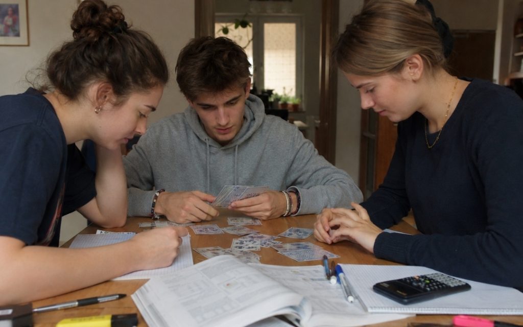 Troje nastolatków rozwiązuje wspólnie trudna zagadkę matematyczną przy stole w salonie.