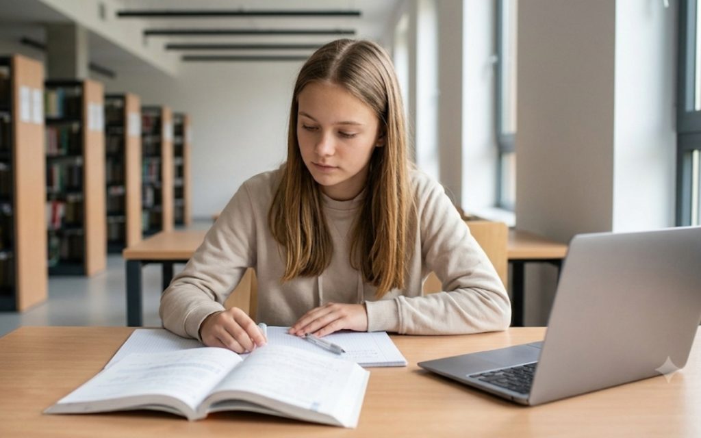 Nastolatka uczy się matematyki w bibliotece szkolnej.
