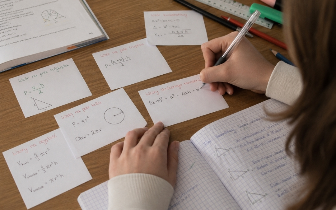 Skupiona uczennica uczy się matematyki w przytulnym pokoju, korzystając z notatek i materiałów pomocniczych.