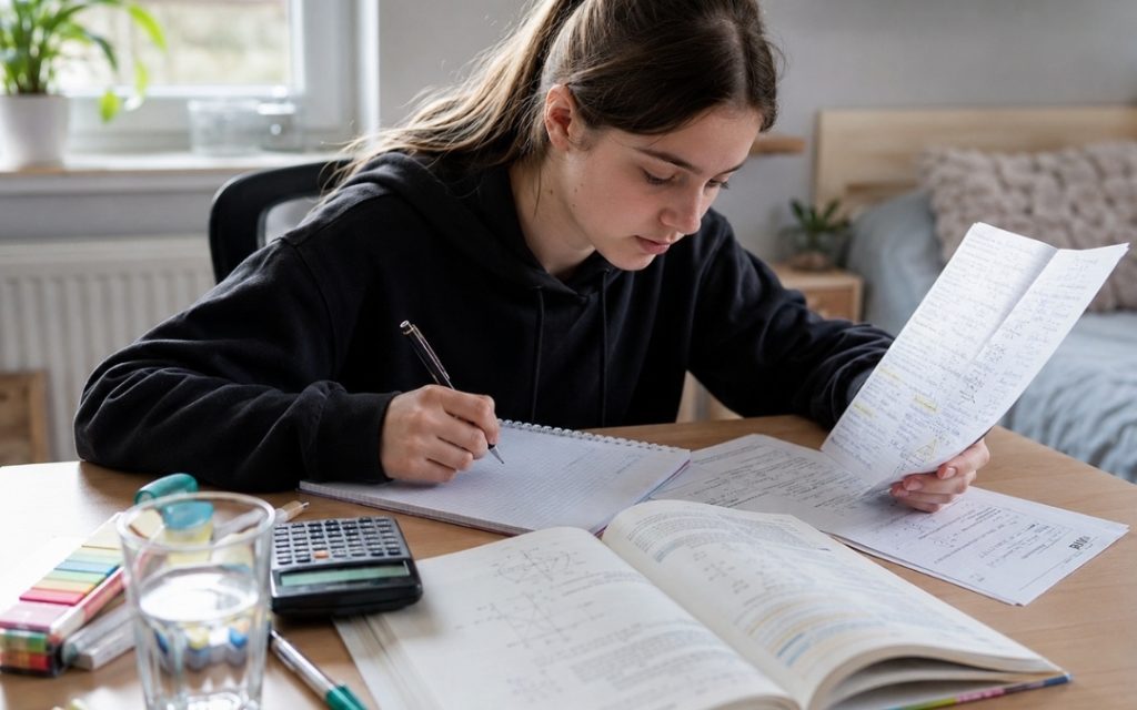 Uczeń siedzi przy biurku z książkami i zeszytami, skupiony na nauce matematyki.