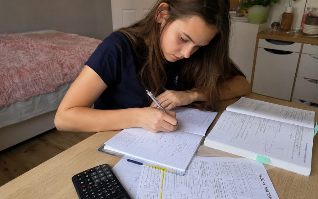 Uporządkowane miejsce do nauki matematyki z zeszytami, wzorami i przyborami szkolnymi przygotowanymi do powtórki.