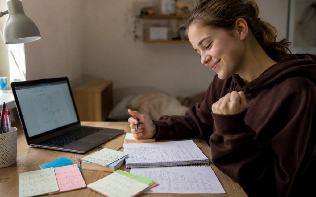 Uśmiechnięta nastolatka siedzi przy biurku i uczy się matematyki w domowym pokoju.