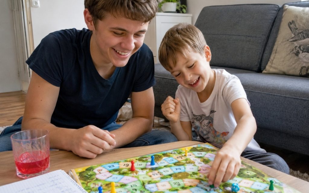 Bracia wspólnie grający w edukacyjną grę planszową.