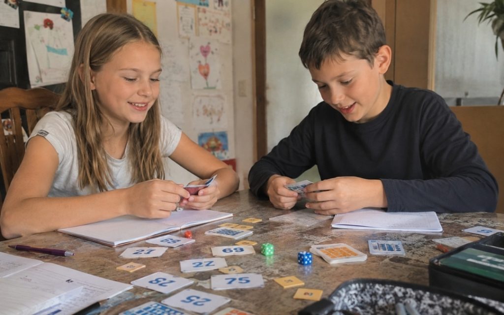 Dwoje dzieci uczy się matematyki przy stole, korzystając z edukacyjnych materiałów.