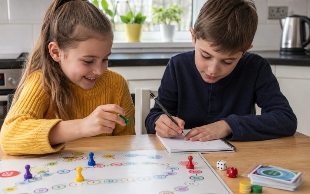 Dzieci grające w edukacyjną grę planszową przy kuchennym stole.