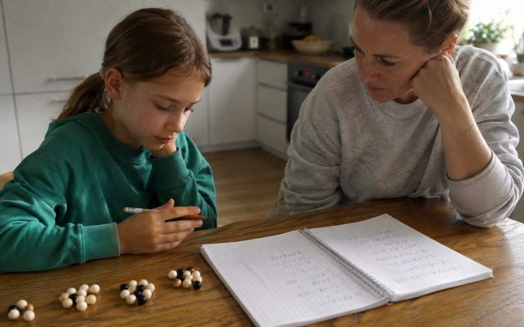 Dziecko uczy się matematyki w domu przy stole z zeszytem i pomocami do nauki.