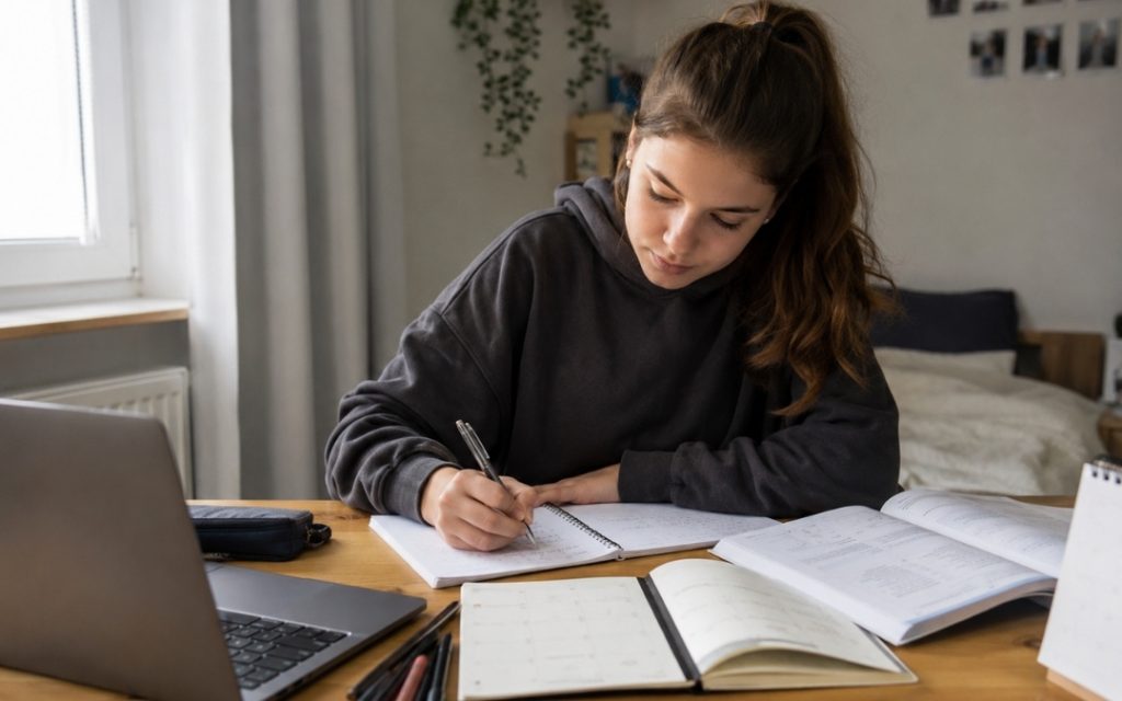 Licealistka planuje naukę do sprawdzianu z matematyki przy biurku z laptopem, zeszytem i podręcznikami.