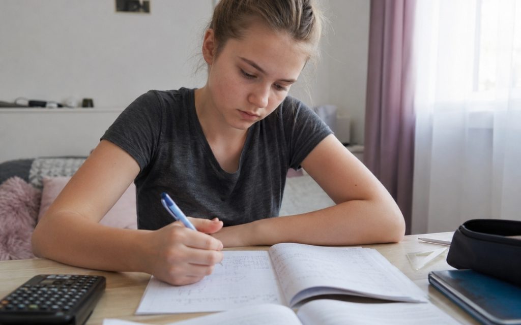 Licealistka skupiona na nauce matematyki przy biurku w domu, zapisuje obliczenia w zeszycie obok kalkulatora i książek.