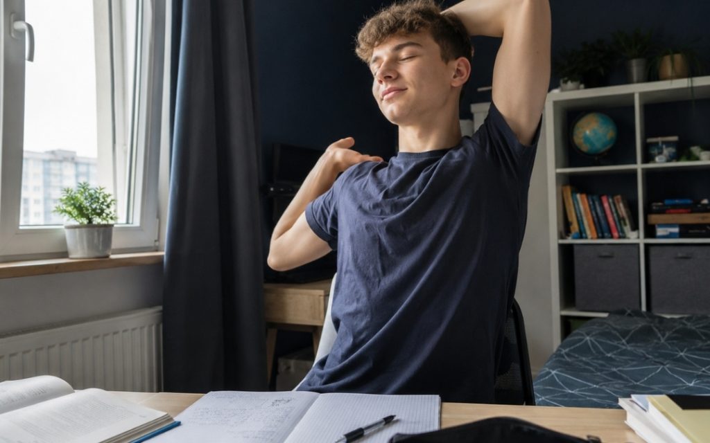 Nastolatek robi krótką przerwę od nauki matematyki i rozciąga się przy biurku w swoim pokoju.