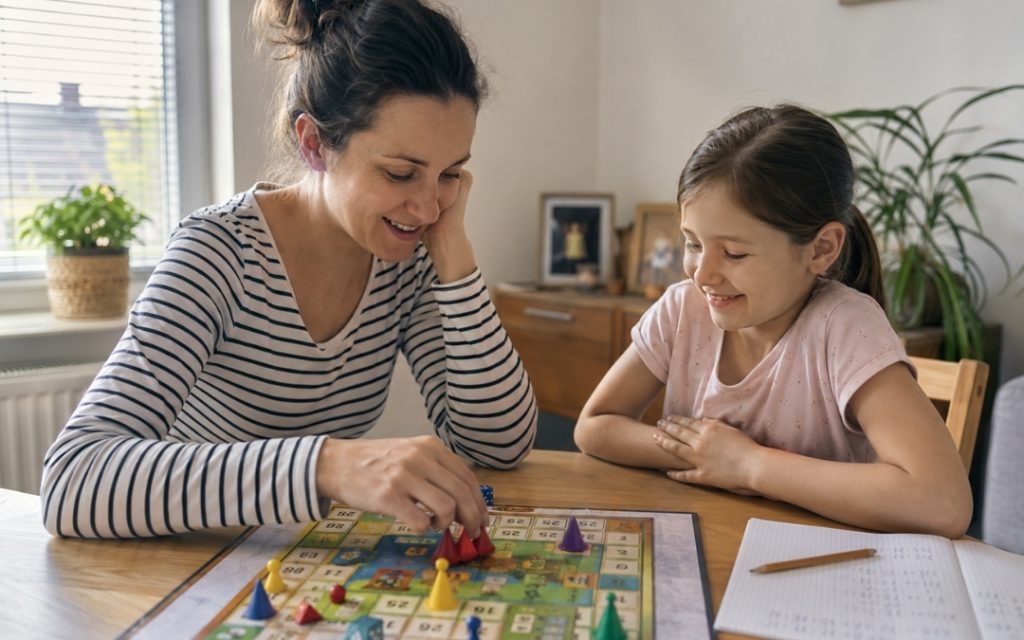 Rodzinna rozgrywka przy stole w domowym wnętrzu z planszówką matematyczną.