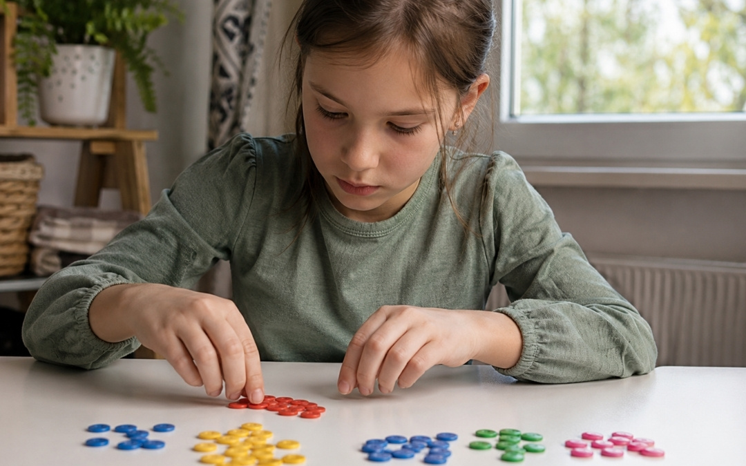 Uśmiechnięte dziecko uczy się matematyki w domowym biurze przy biurku.