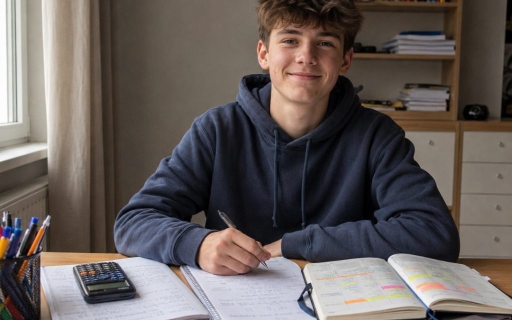 Uśmiechnięty licealista siedzi przy uporządkowanym biurku z notatkami i planem nauki do matematyki.