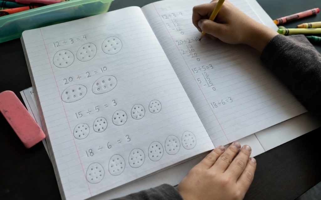 Zbliżenie na zeszyt z dziecięcym zadaniem matematycznym dotyczącym dzielenia.