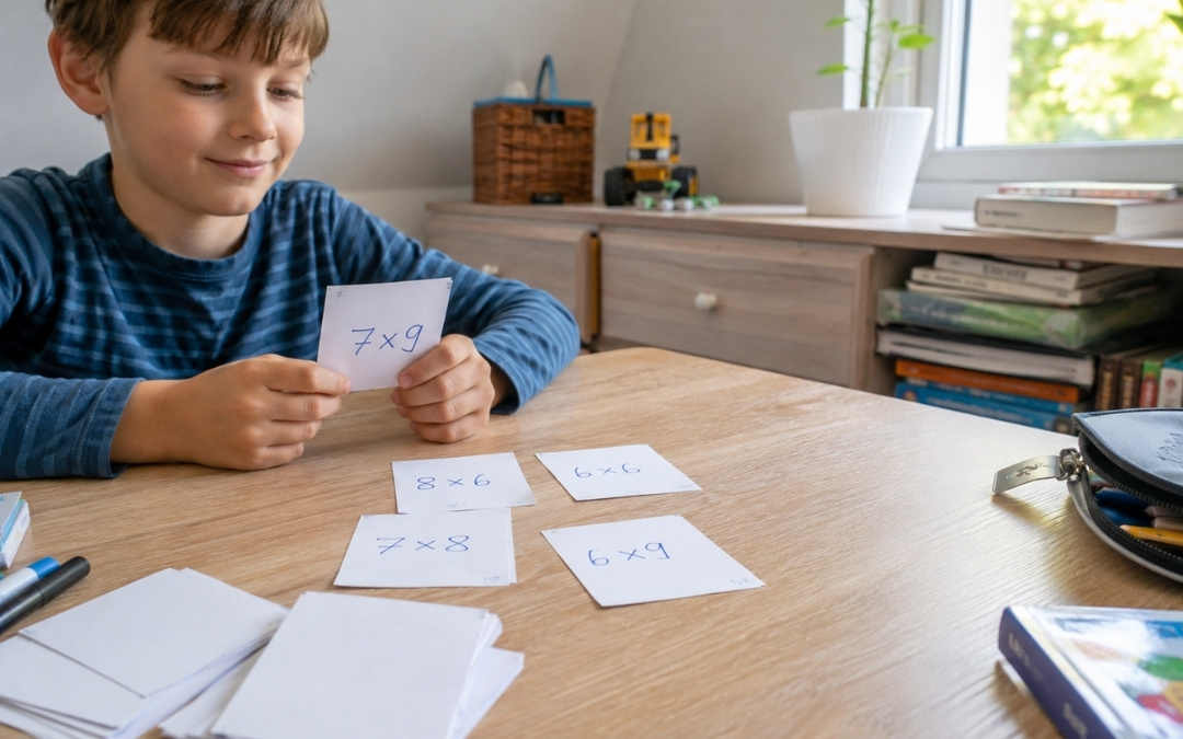 Chłopiec uczy się matematyki w jasnym pokoju, siedząc przy biurku z otwartym zeszytem.