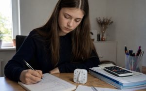 Licealistka rozwiązuje zadania matematyczne przy biurku z kalkulatorem i minutnikiem.