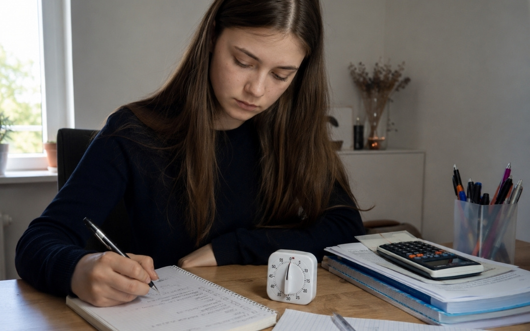 Licealistka rozwiązuje zadania matematyczne przy biurku z kalkulatorem i minutnikiem.