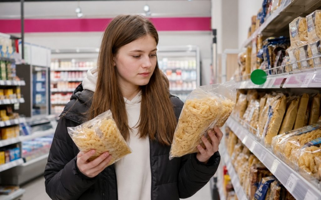 Nastolatka porównuje opakowania makaronu w supermarkecie, sprawdzając ceny i proporcje podczas zakupów.