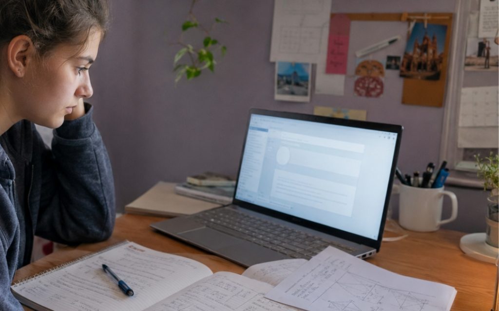 Nastolatka siedzi przy biurku i pracuje przy laptopie, a obok ma otwarty zeszyt oraz materiały do nauki.