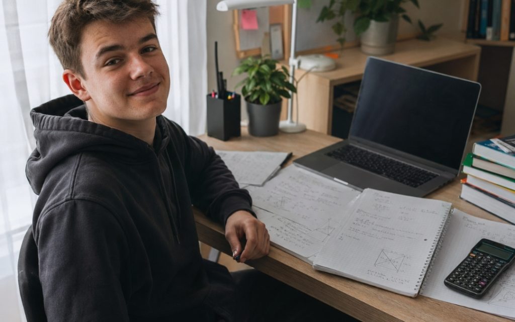Praca nad zadaniem matematycznym przy biurku - notatki, zeszyt i rozpisane obliczenia podczas nauki.