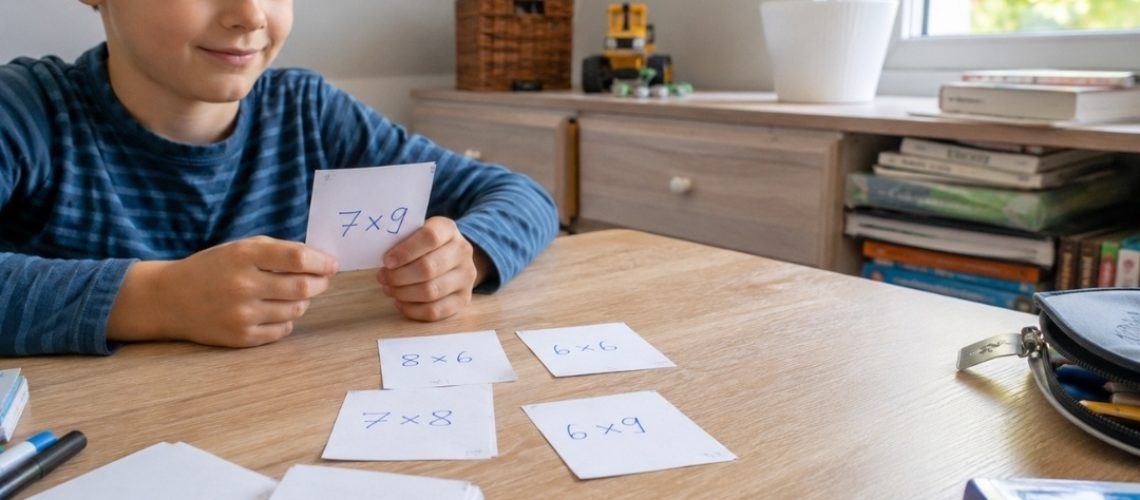 Chłopiec uczy się matematyki w jasnym pokoju, siedząc przy biurku z otwartym zeszytem.