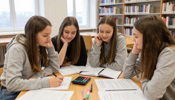 Grupa maturzystek uczy się wspólnie w bibliotece przy stole z notatkami.