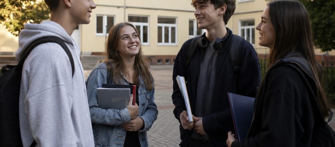 Grupa uśmiechniętych licealistów rozmawia przed szkołą, trzymając zeszyty i plecaki.