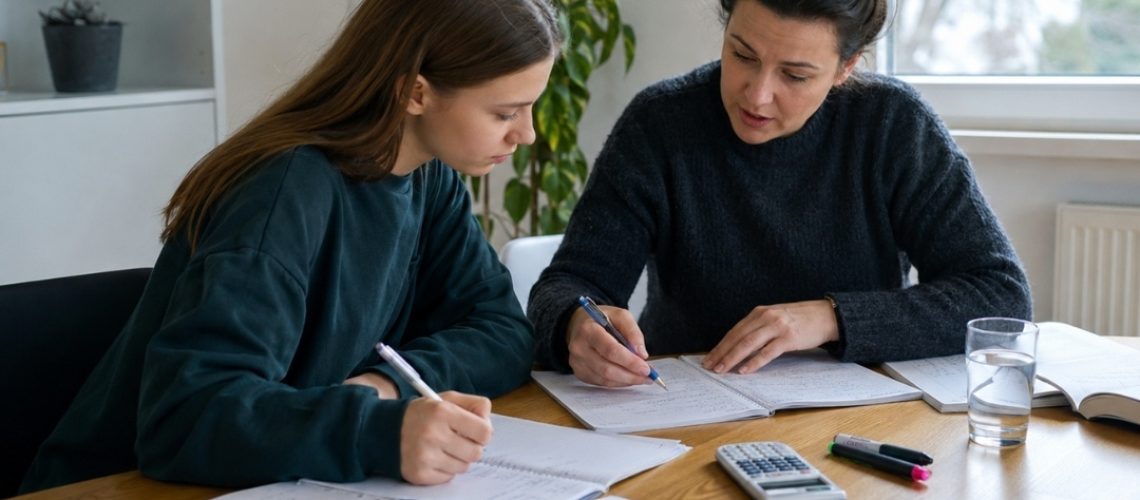 Korepetytorka tłumaczy uczennicy zadanie z matematyki przy stole z zeszytami, kalkulatorem i notatkami.