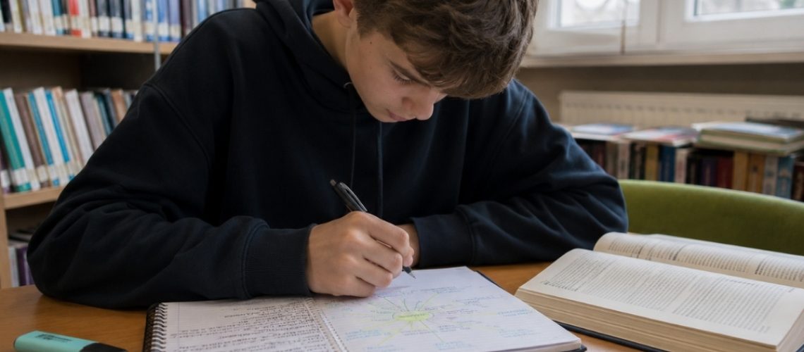 Licealista w bibliotece tworzy mapę myśli w zeszycie, korzystając z podręcznika i wcześniejszych notatek.
