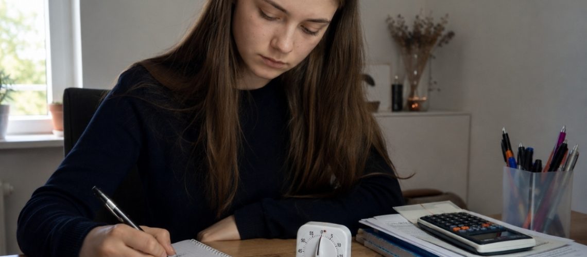 Licealistka rozwiązuje zadania matematyczne przy biurku z kalkulatorem i minutnikiem.